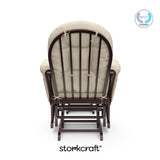 hoop glider espresso base with beige cushions and ottoman back view with PTPA logo on top right
