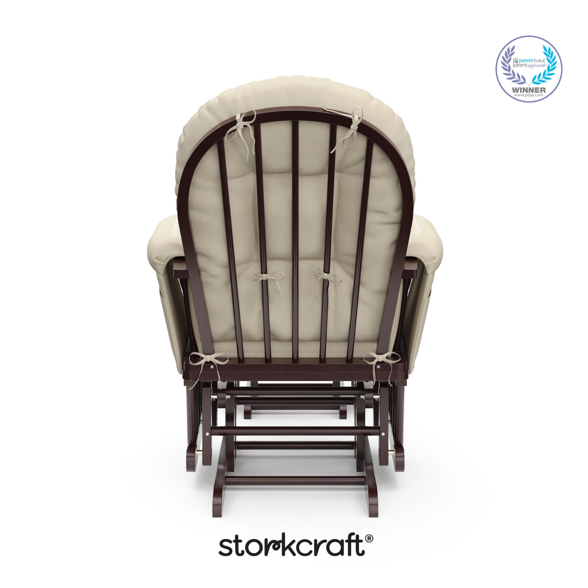 hoop glider espresso base with beige cushions and ottoman back view with PTPA logo on top right