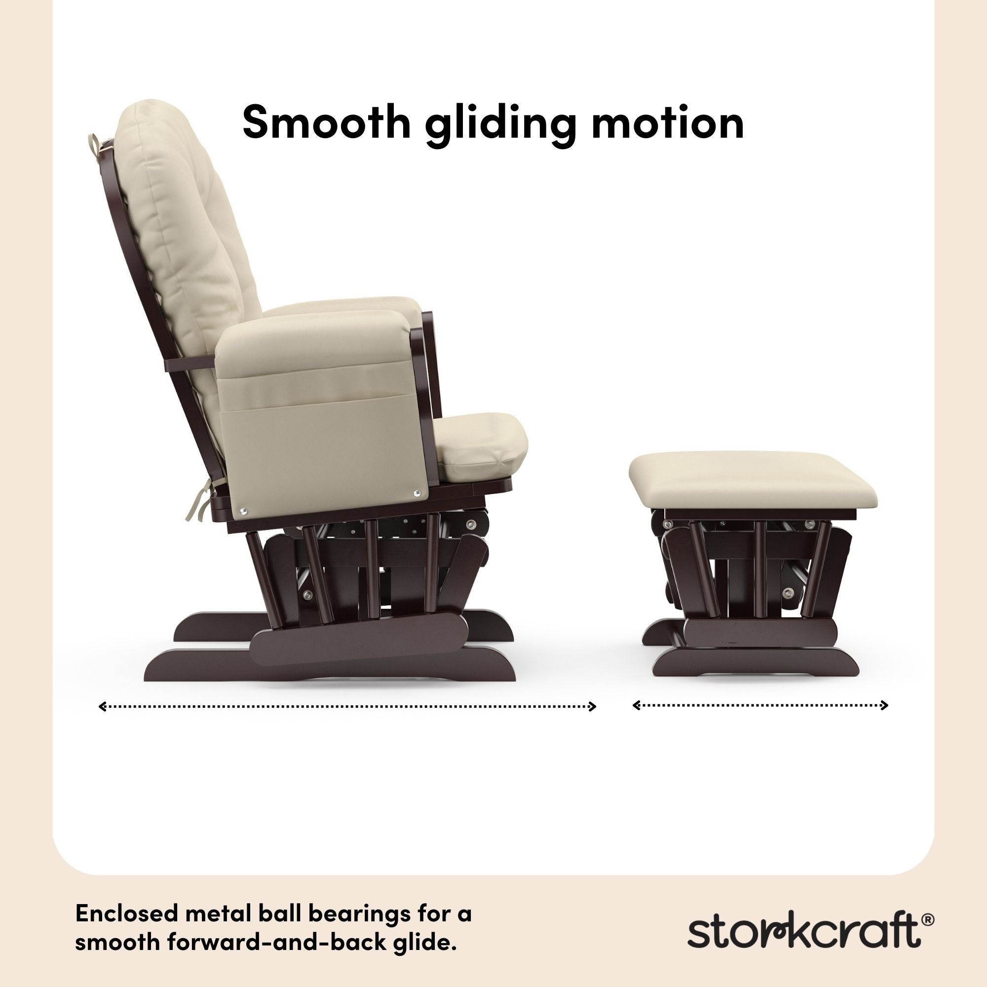 hoop glider espresso base with beige cushions and ottoman side view smooth gliding motion callout 
