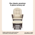 hoop glider espresso base with beige cushions and ottoman front view 2-piece nursery set callout