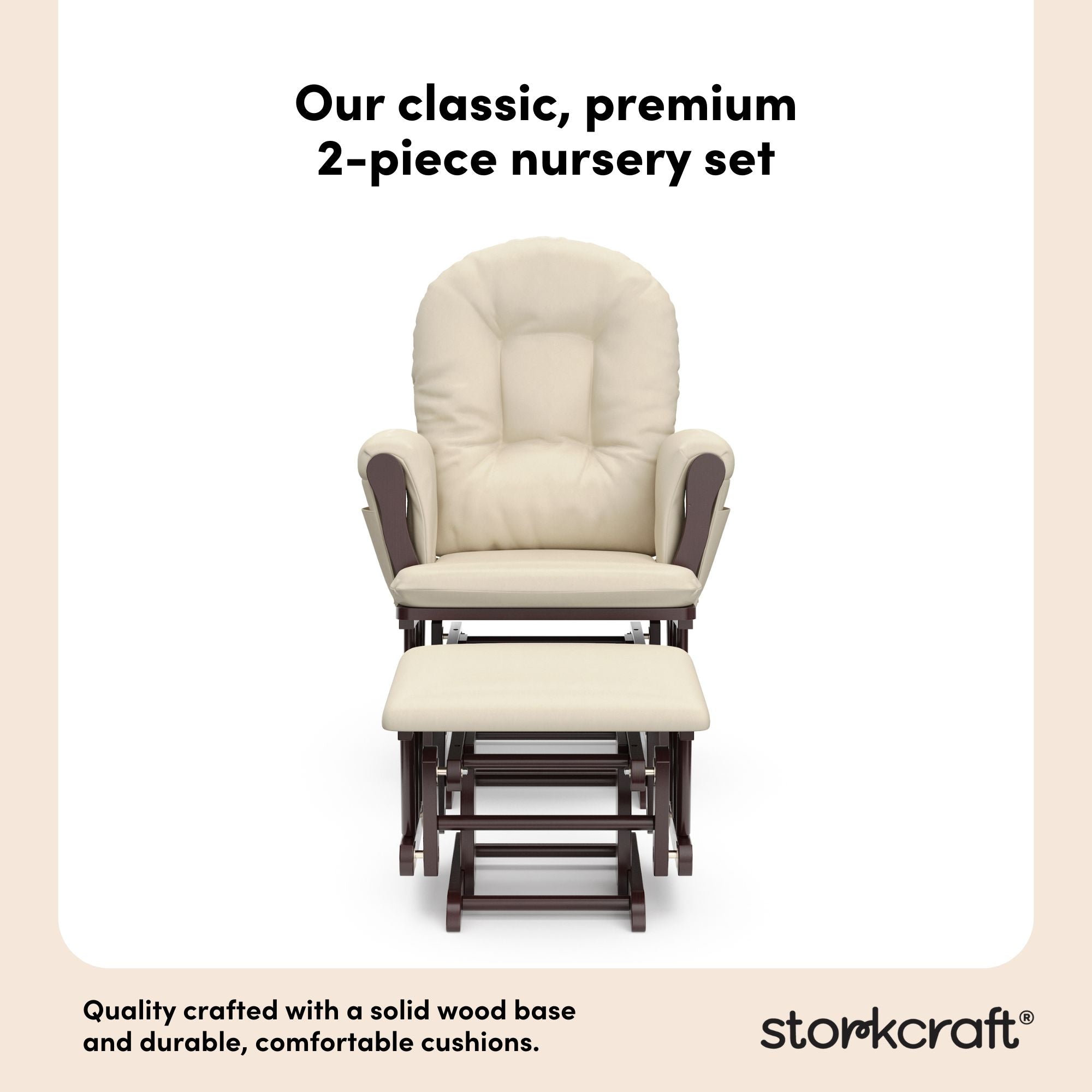 hoop glider espresso base with beige cushions and ottoman front view 2-piece nursery set callout