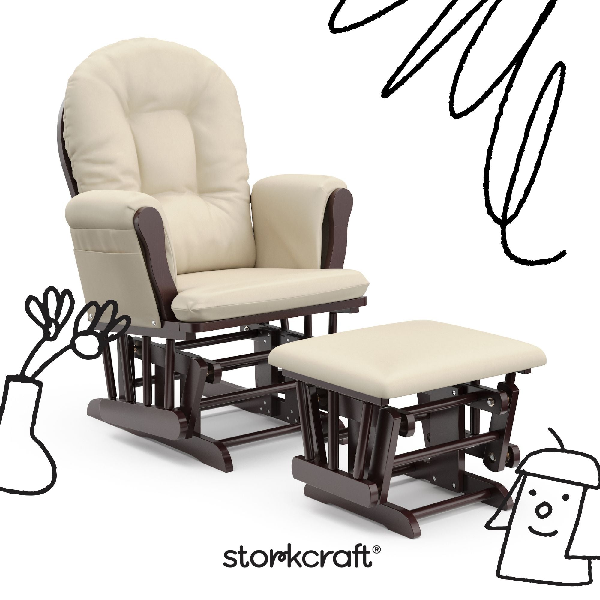 hoop glider espresso base with beige cushions and ottoman angle view with black cartoon drawings overlaid on image
