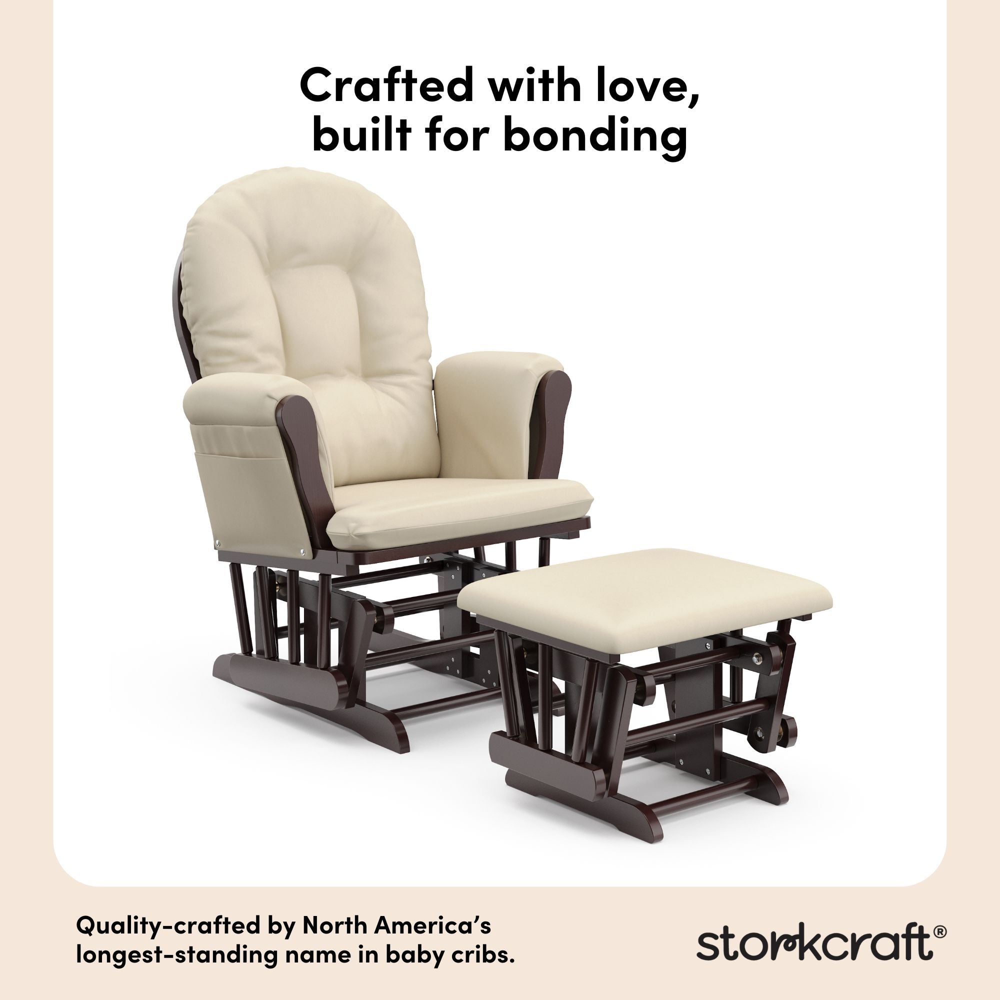 hoop glider espresso base with beige cushions and ottoman angle view quality craftsmanship callout