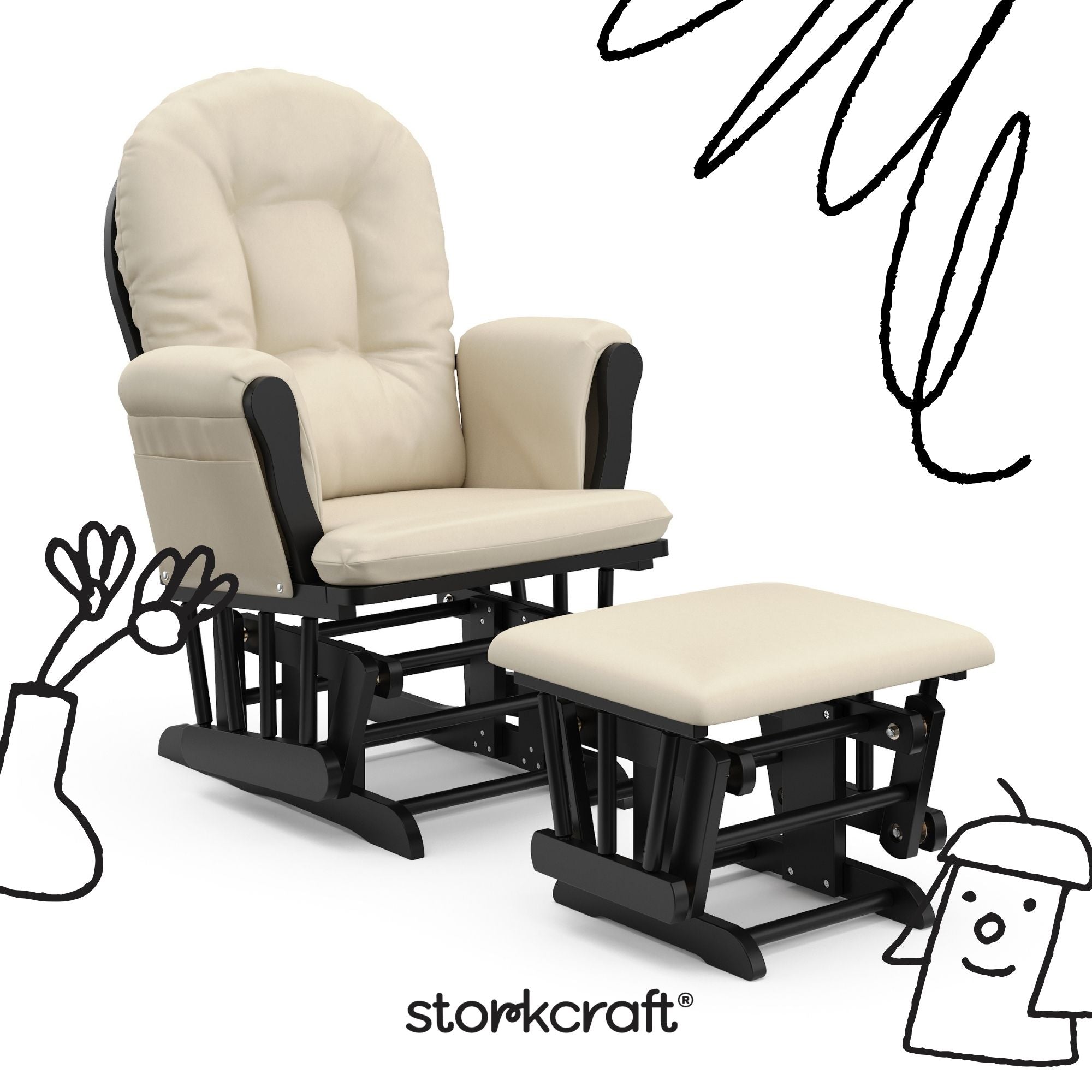 storkcraft hoop glider and ottoman black frame with beige cushions with black doodles overlaid on image