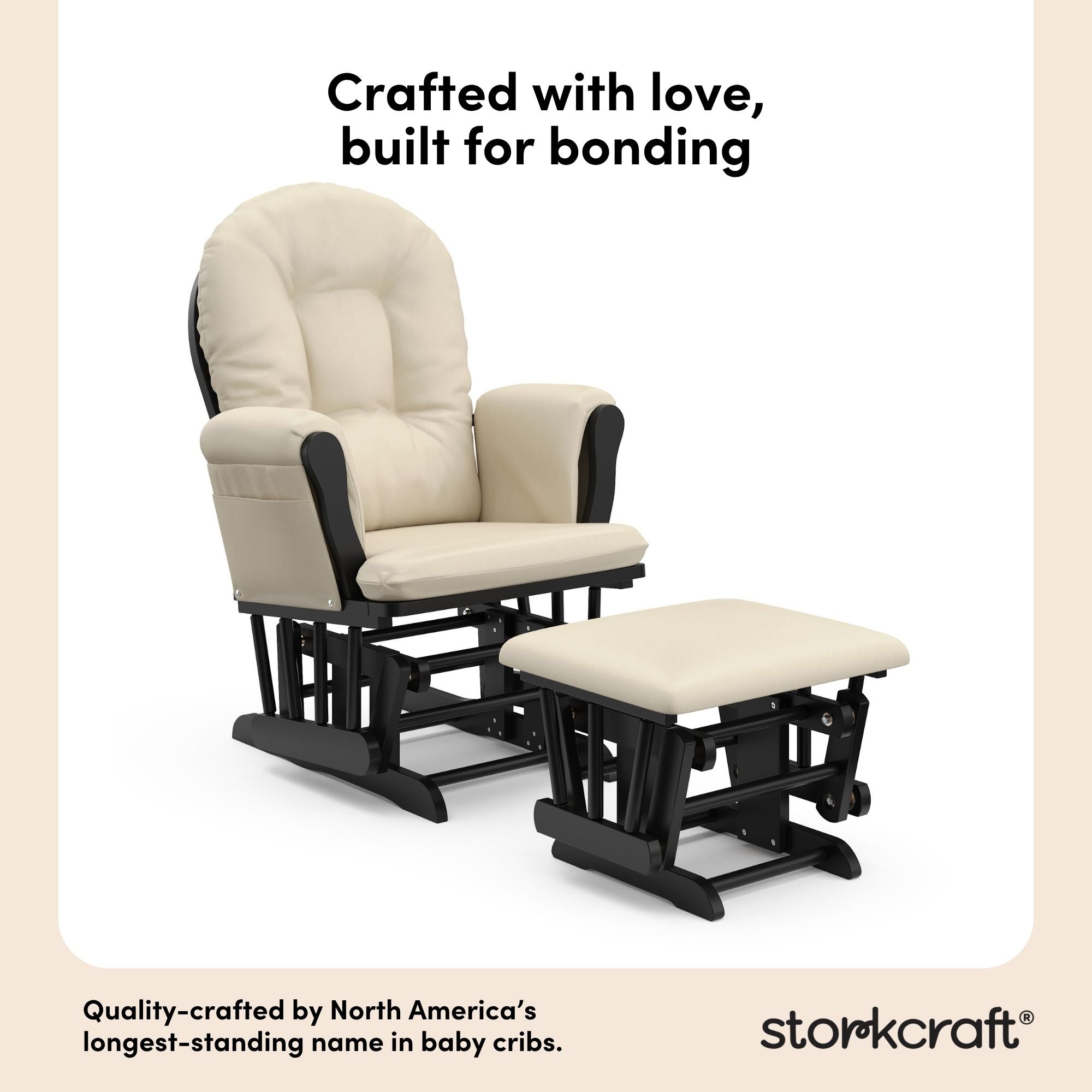 storkcraft hoop glider and ottoman black frame with beige cushions quality crafted callout