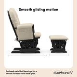 storkcraft hoop glider and ottoman black frame with beige cushions smooth gliding motion callout