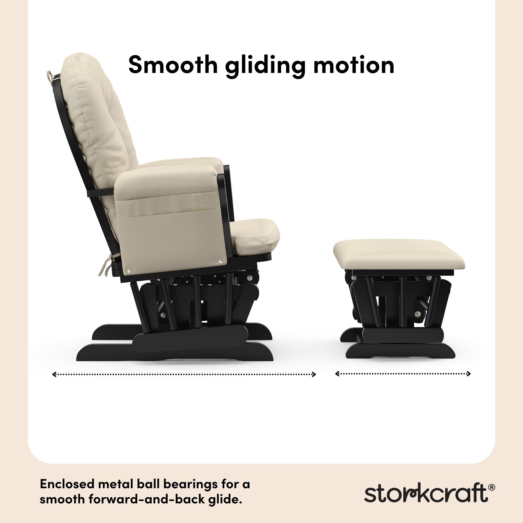 storkcraft hoop glider and ottoman black frame with beige cushions smooth gliding motion callout