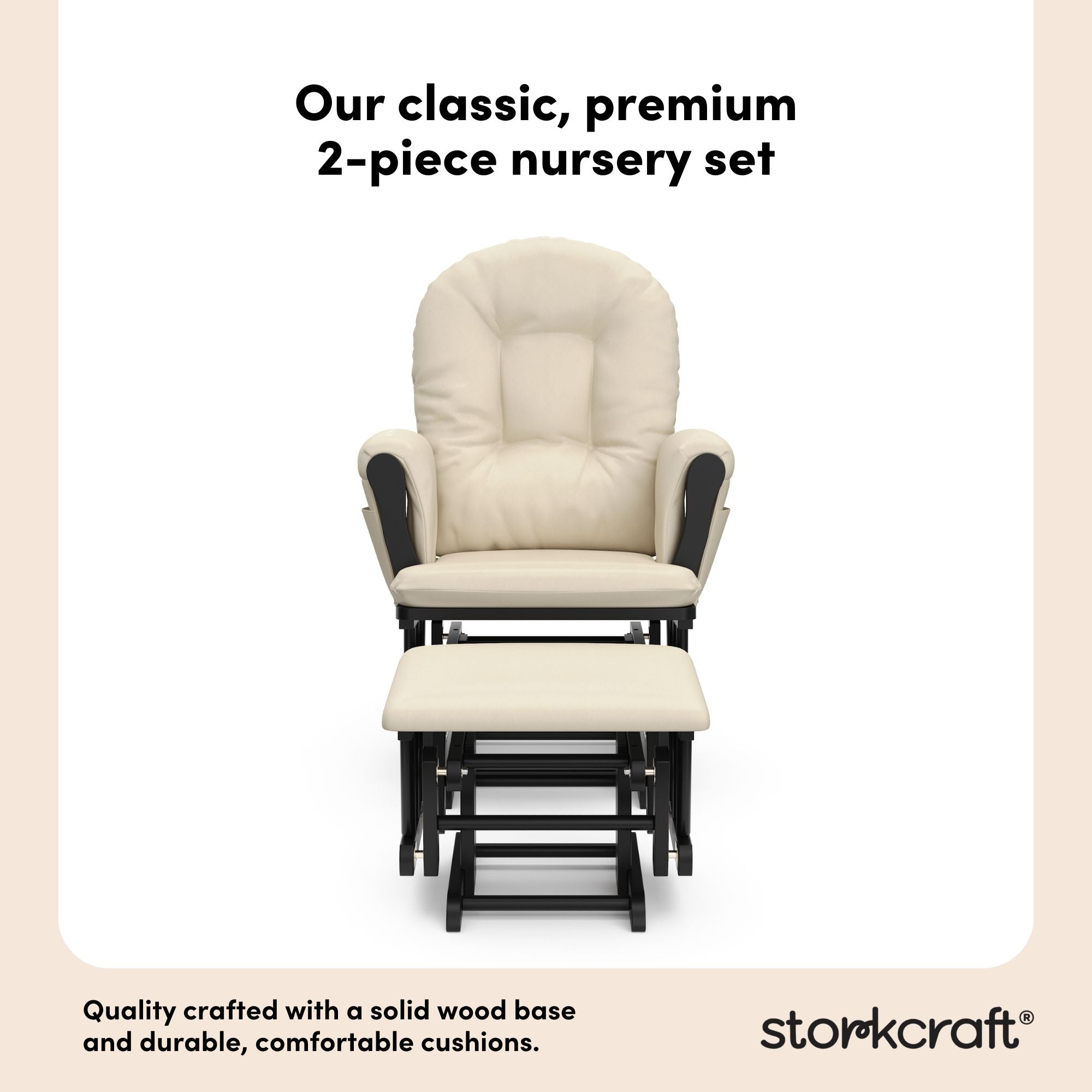 storkcraft hoop glider and ottoman black frame with beige cushions 2-piece nursery set callout