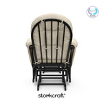 storkcraft hoop glider and ottoman black frame with beige cushions with PTPA logo on top right