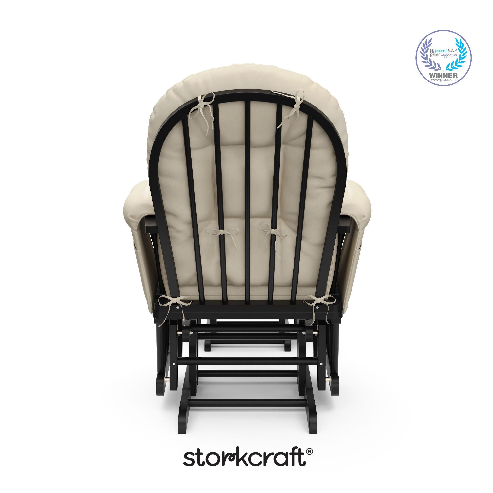 storkcraft hoop glider and ottoman black frame with beige cushions with PTPA logo on top right