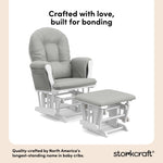 storkcraft hoop glider and ottoman white frame with light gray cushions quality crafted callout