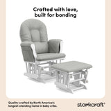 storkcraft hoop glider and ottoman white frame with light gray cushions quality crafted callout