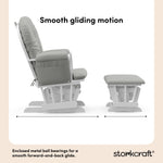 storkcraft hoop glider and ottoman white frame with light gray cushions smooth gliding motion callout