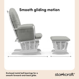 storkcraft hoop glider and ottoman white frame with light gray cushions smooth gliding motion callout