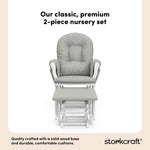 storkcraft hoop glider and ottoman white frame with light gray cushions 2-piece nursery set callout