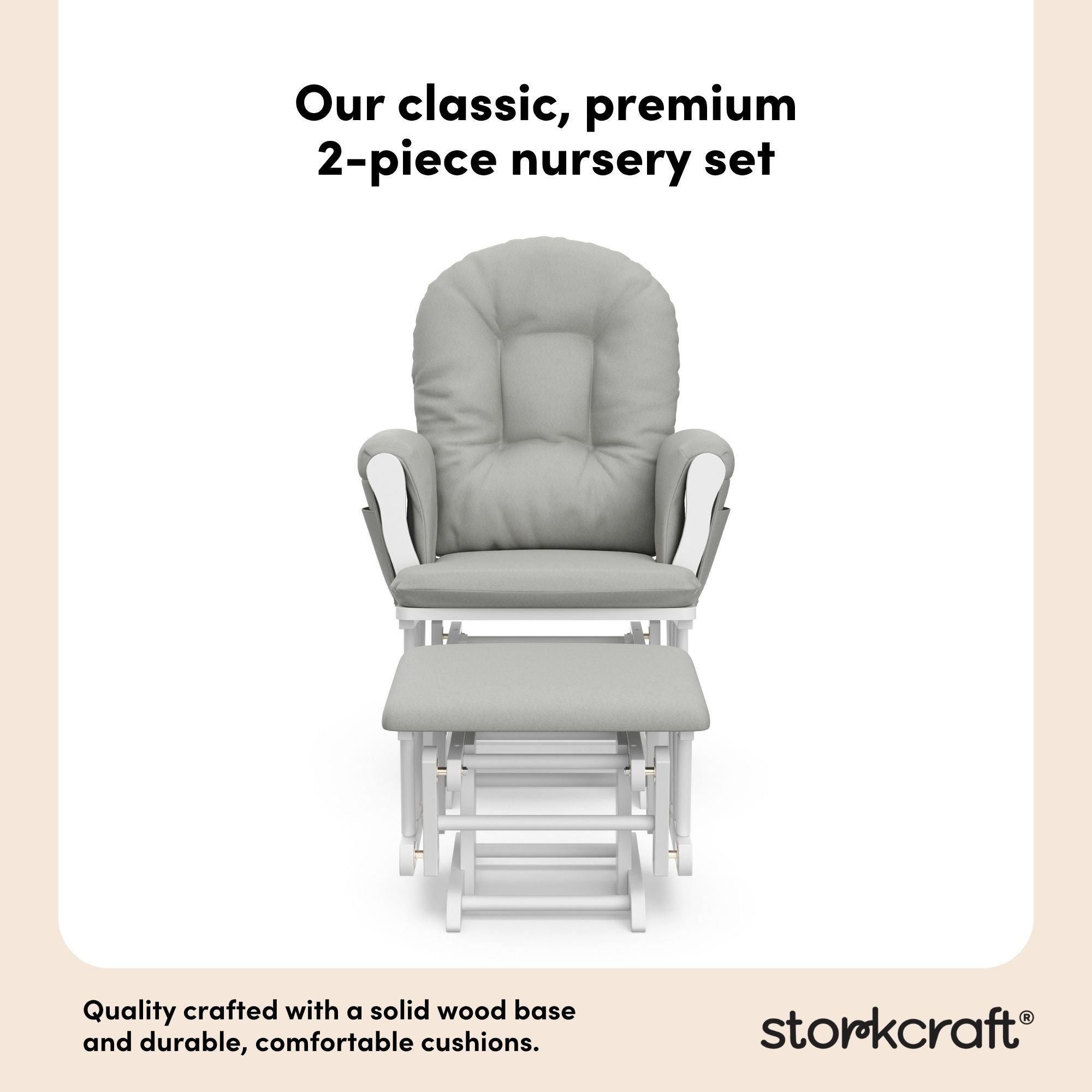 storkcraft hoop glider and ottoman white frame with light gray cushions 2-piece nursery set callout