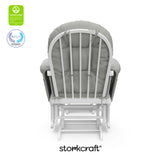 hoop glider white frame with light gray cushions with GGG and PTPA logos on top left