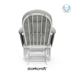 storkcraft hoop glider and ottoman white frame with light gray cushions with PTPA logo on top right