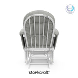 storkcraft hoop glider and ottoman white frame with light gray cushions with PTPA logo on top right