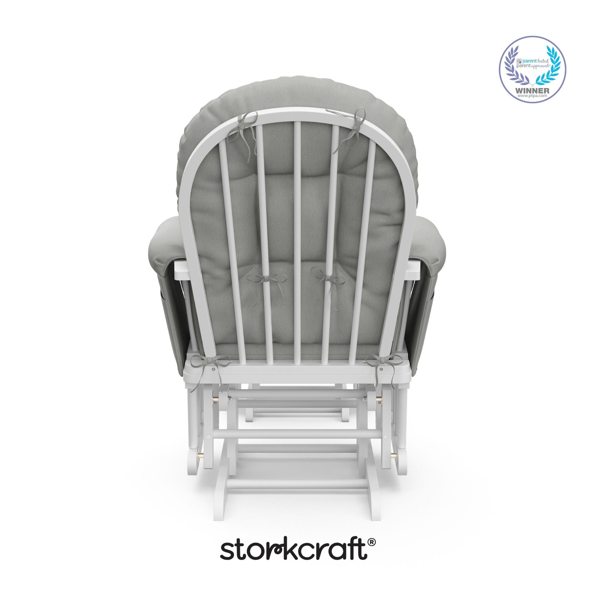 storkcraft hoop glider and ottoman white frame with light gray cushions with PTPA logo on top right