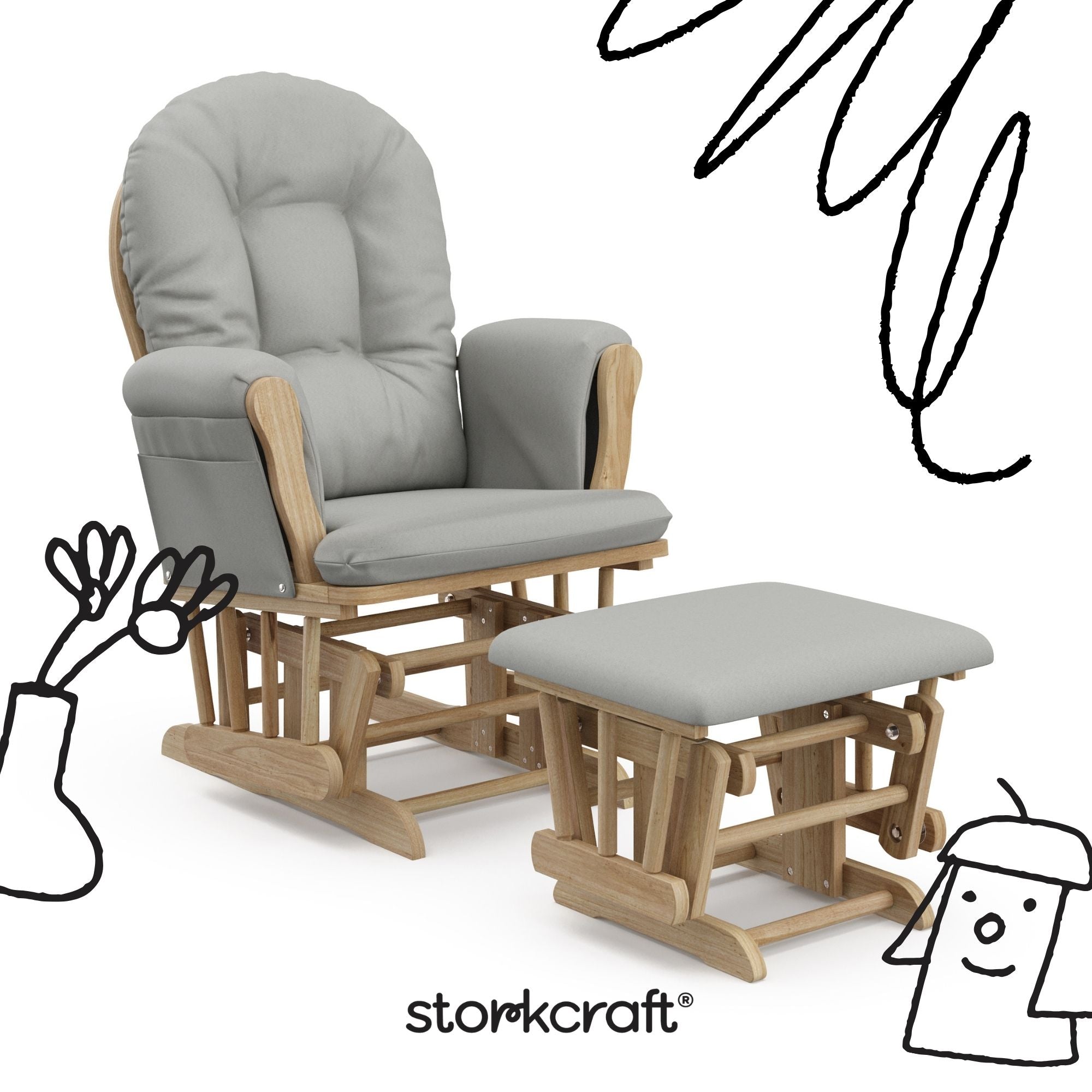 storkcraft hoop glider and ottoman natural frame with light gray cushions with black doodles overlaid on image