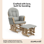 storkcraft hoop glider and ottoman natural frame with light gray cushions quality crafted callout