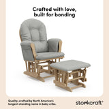 storkcraft hoop glider and ottoman natural frame with light gray cushions quality crafted callout