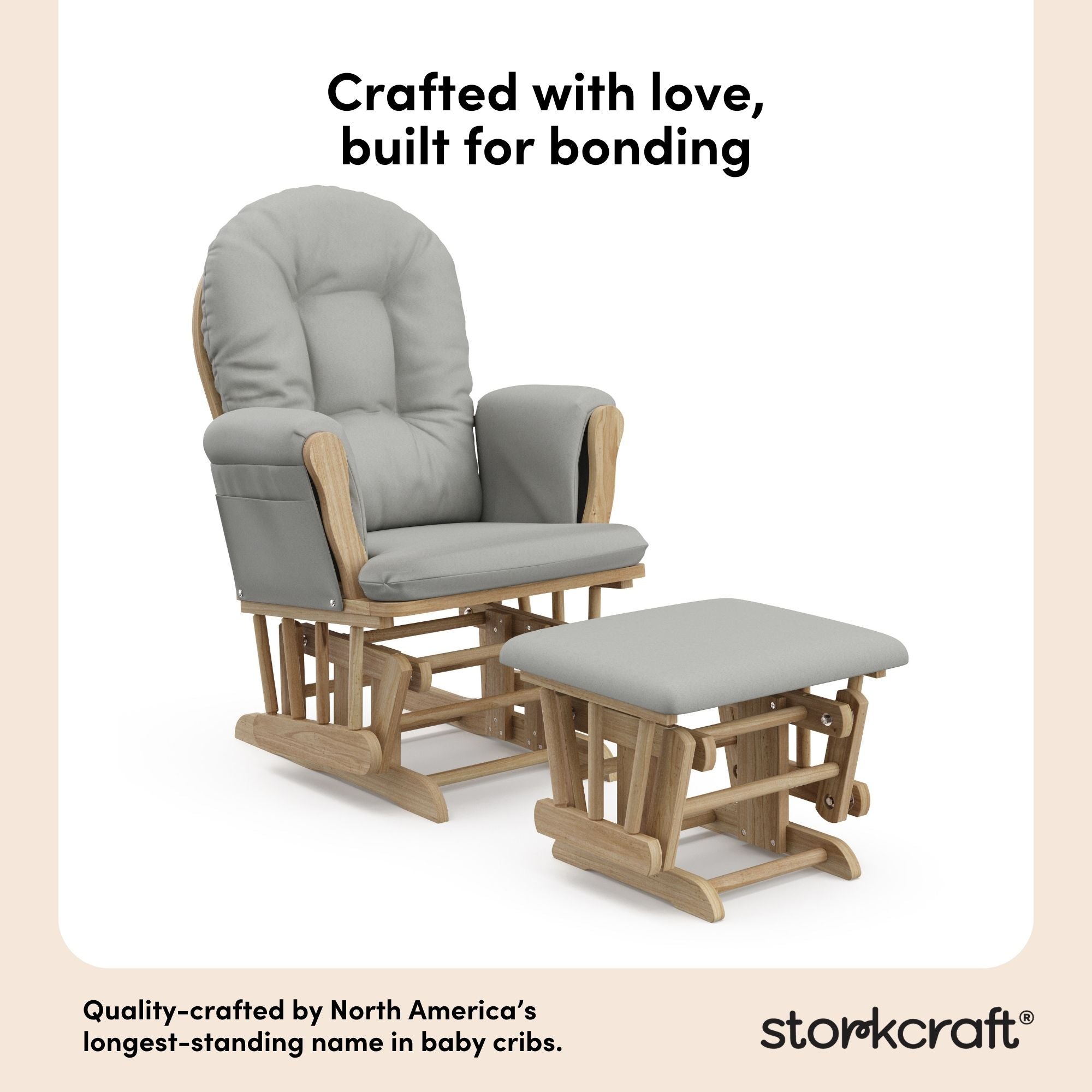 storkcraft hoop glider and ottoman natural frame with light gray cushions quality crafted callout