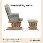 storkcraft hoop glider and ottoman natural frame with light gray cushions smooth gliding motion callout