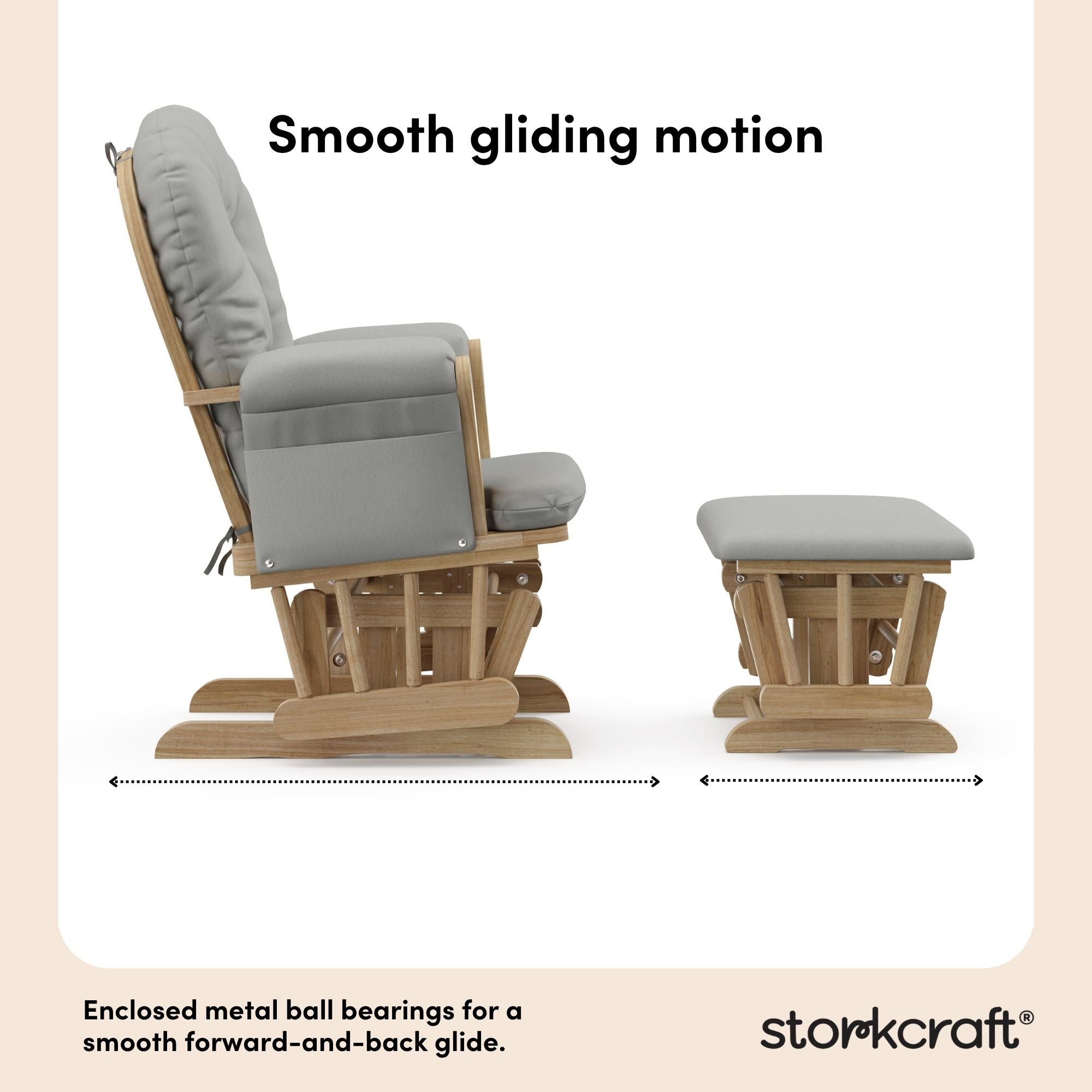 storkcraft hoop glider and ottoman natural frame with light gray cushions smooth gliding motion callout