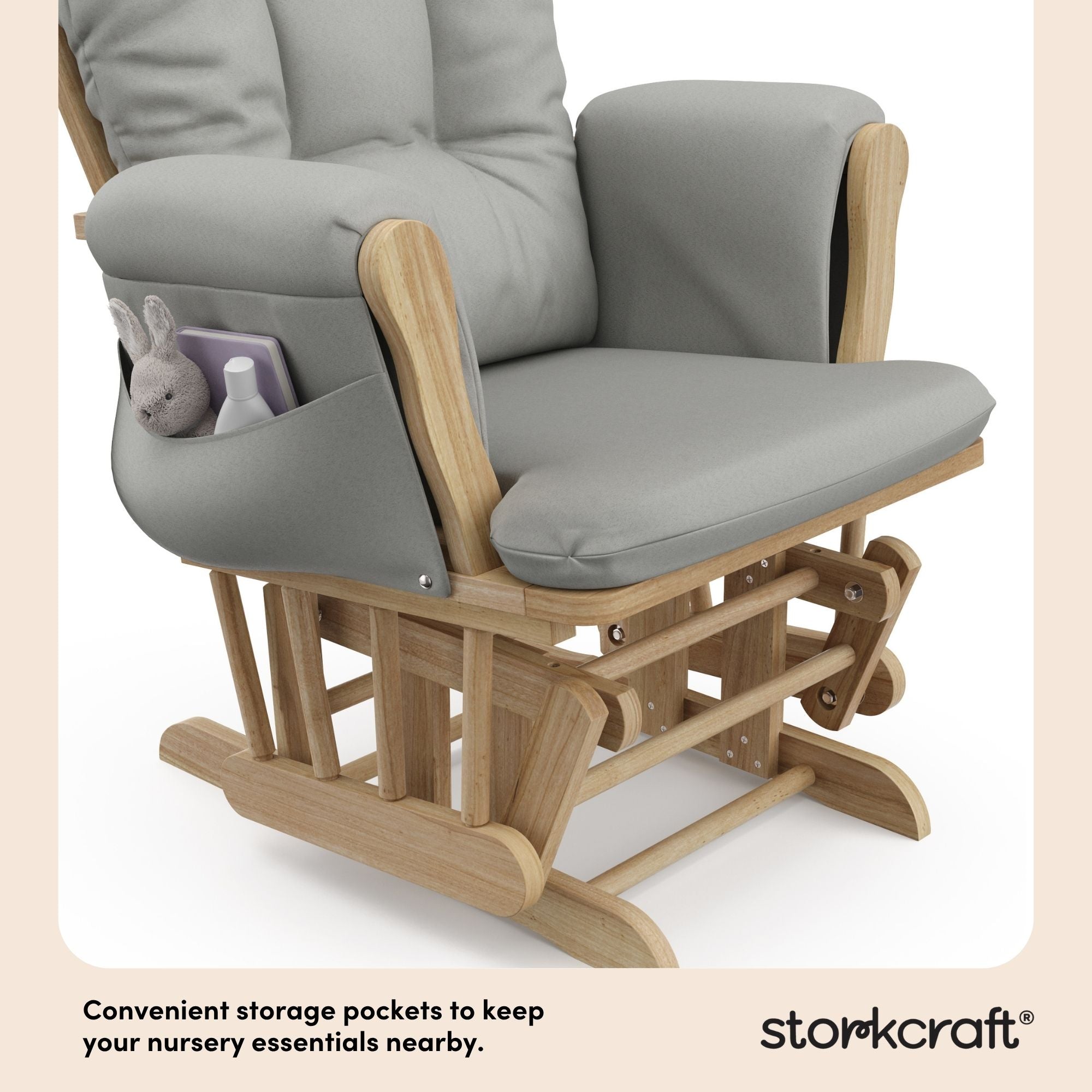 storkcraft hoop glider and ottoman natural frame with light gray cushions storage pocket callout