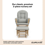 storkcraft hoop glider and ottoman natural frame with light gray cushions 2-piece nursery set callout