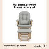 storkcraft hoop glider and ottoman natural frame with light gray cushions 2-piece nursery set callout