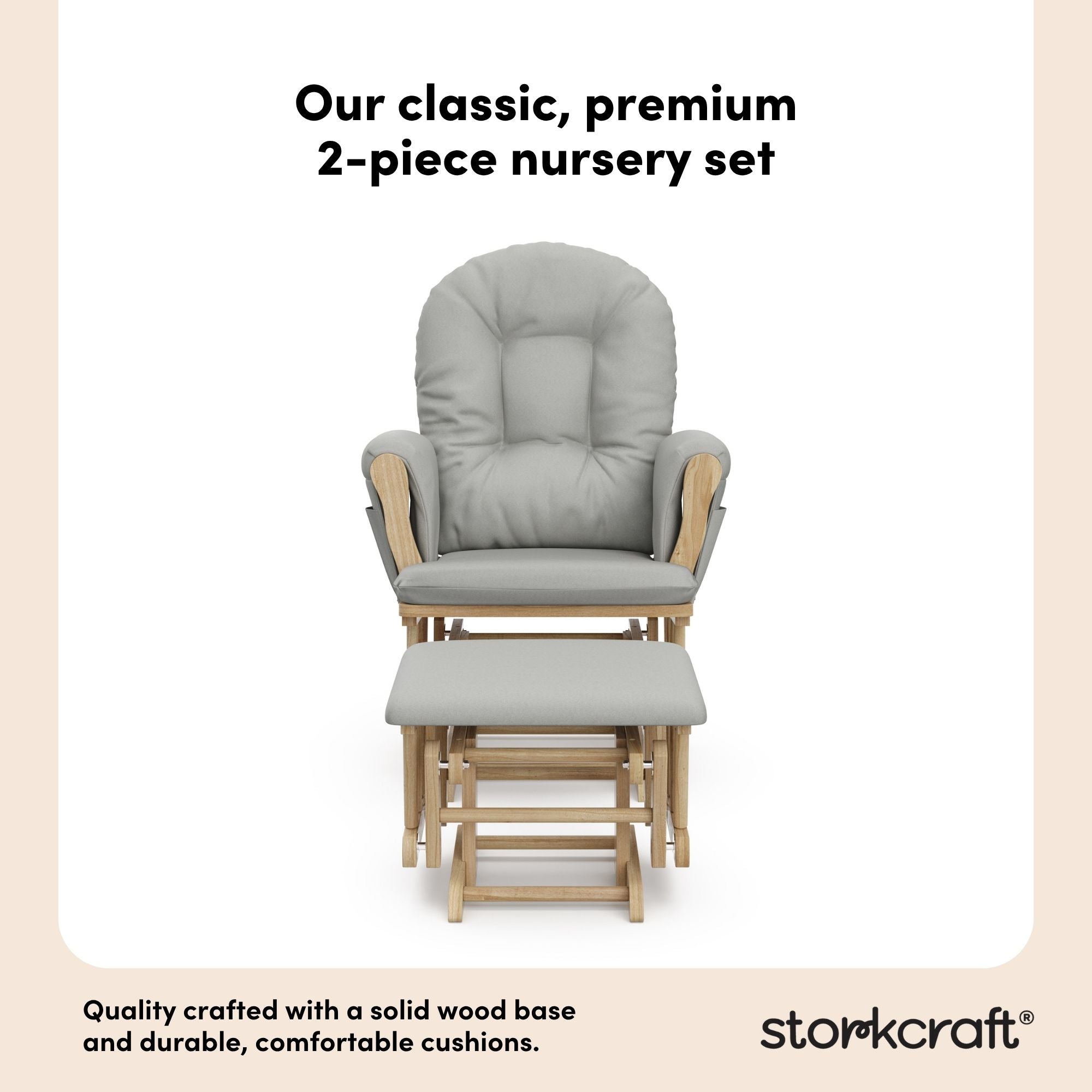 storkcraft hoop glider and ottoman natural frame with light gray cushions 2-piece nursery set callout