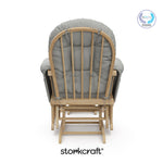 storkcraft hoop glider and ottoman natural frame with light gray cushions with PTPA logo on top right