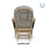 storkcraft hoop glider and ottoman natural frame with light gray cushions with PTPA logo on top right