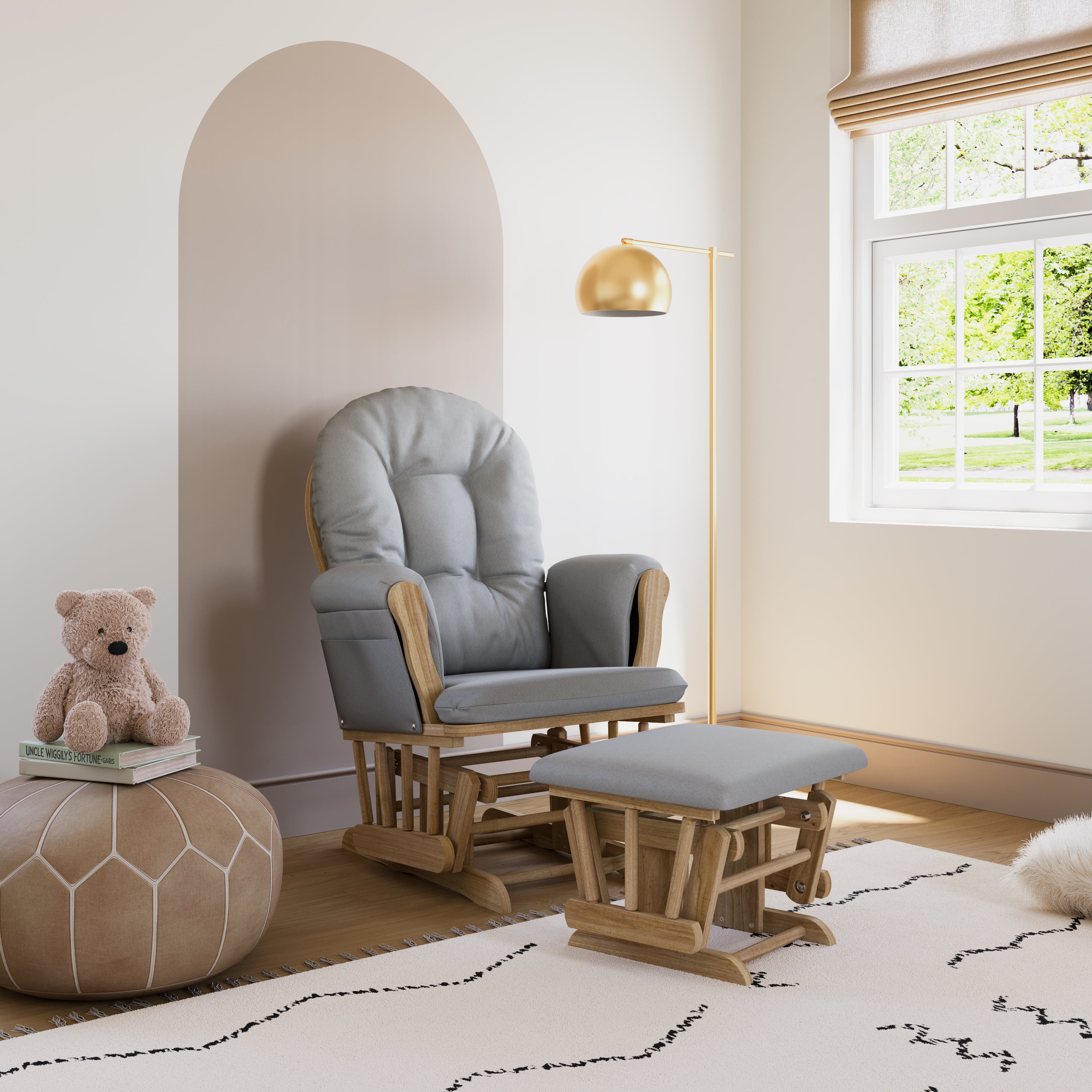 storkcraft hoop glider and ottoman natural frame with light gray cushions in nursery