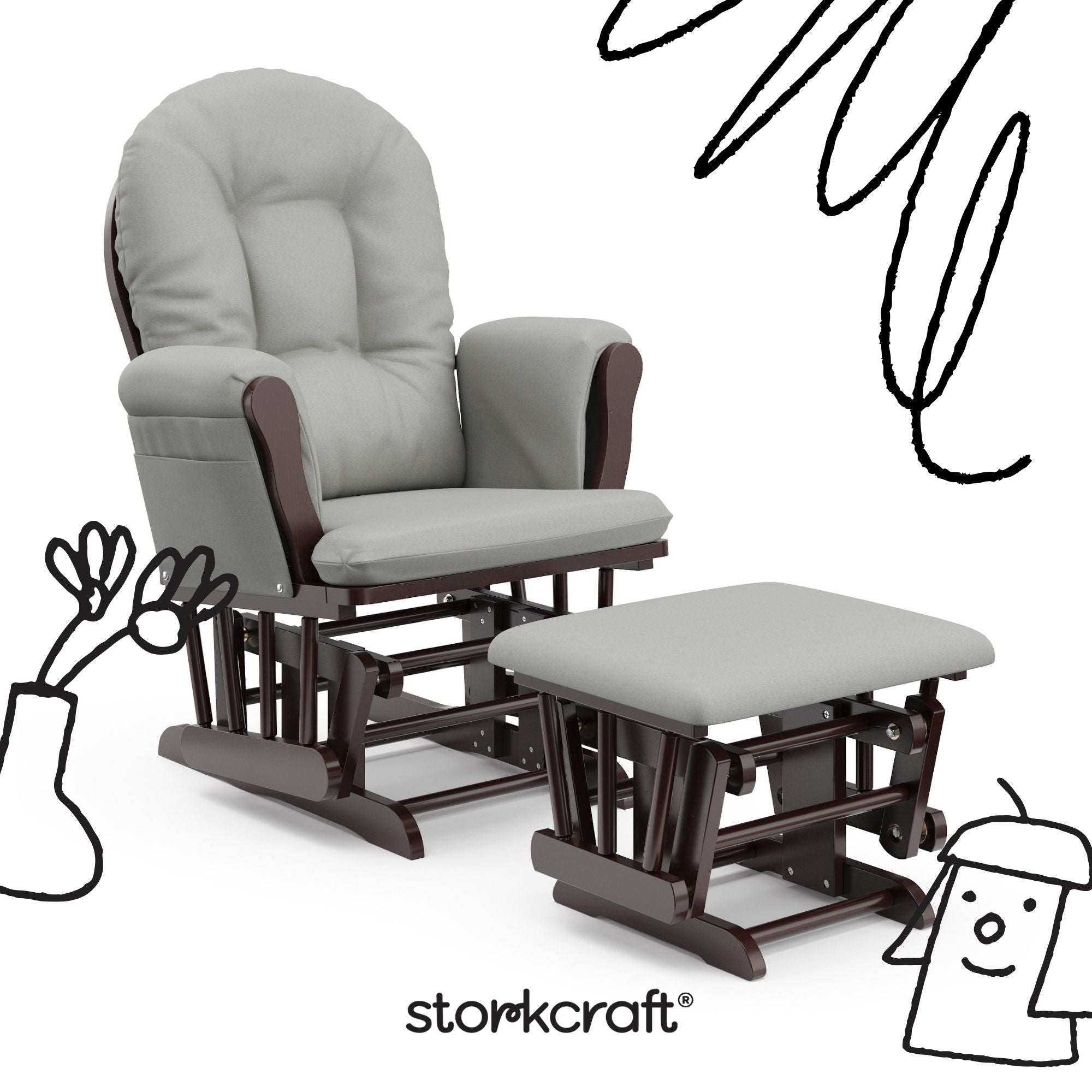 storkcraft hoop glider and ottoman espresso frame with light gray cushions with black doodles overlaid on image