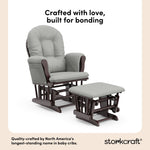 storkcraft hoop glider and ottoman espresso frame with light gray cushions quality crafted callout