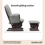 storkcraft hoop glider and ottoman espresso frame with light gray cushions smooth gliding motion callout