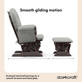 storkcraft hoop glider and ottoman espresso frame with light gray cushions smooth gliding motion callout