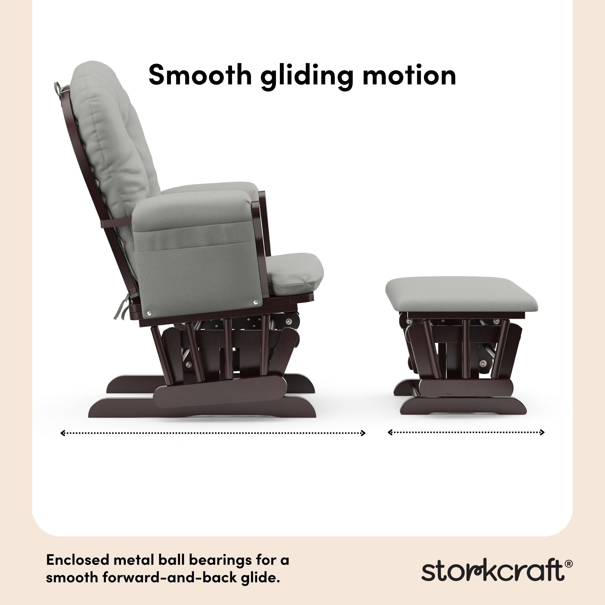 storkcraft hoop glider and ottoman espresso frame with light gray cushions smooth gliding motion callout
