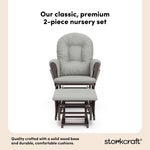 storkcraft hoop glider and ottoman espresso frame with light gray cushions 2-piece nursery set callout
