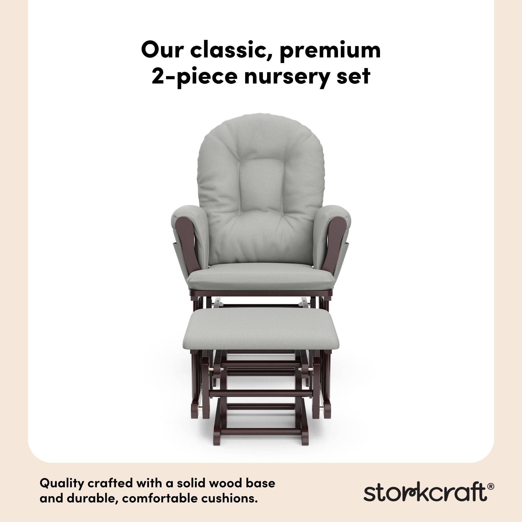 storkcraft hoop glider and ottoman espresso frame with light gray cushions 2-piece nursery set callout