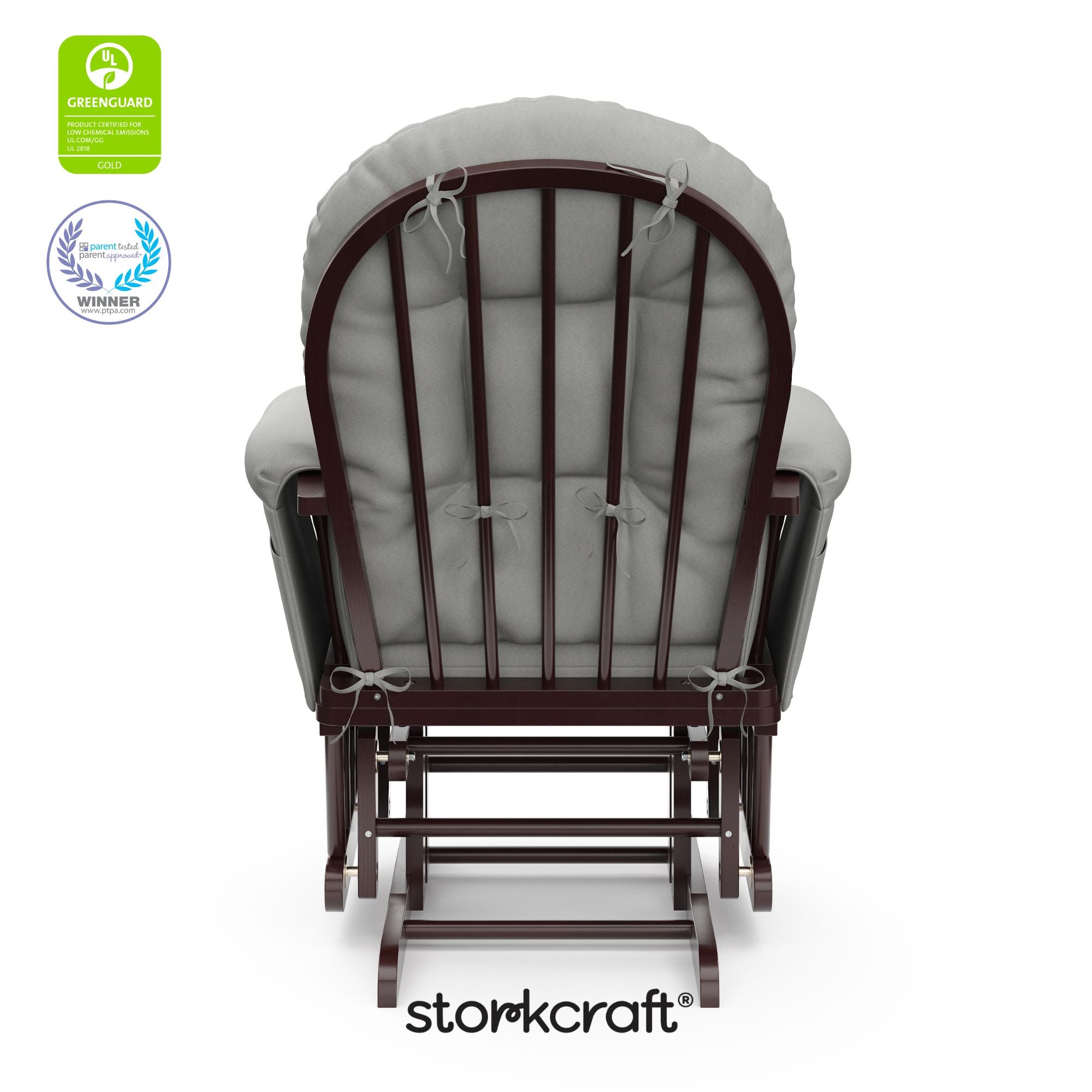 hoop glider espresso frame with light gray cushions with GGG and PTPA logos on top left