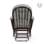 storkcraft hoop glider and ottoman espresso frame with light gray cushions with PTPA logo on top right