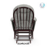 storkcraft hoop glider and ottoman espresso frame with light gray cushions with PTPA logo on top right