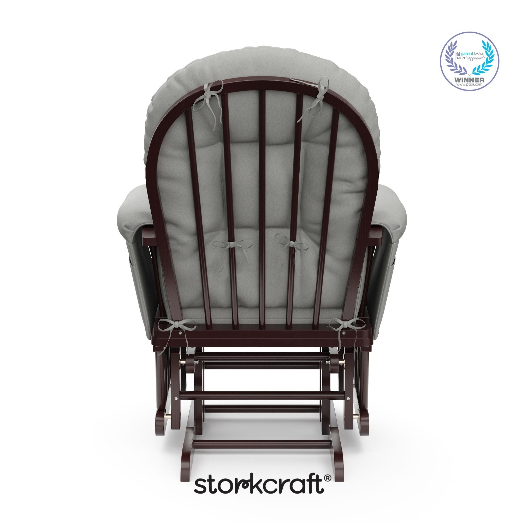 storkcraft hoop glider and ottoman espresso frame with light gray cushions with PTPA logo on top right