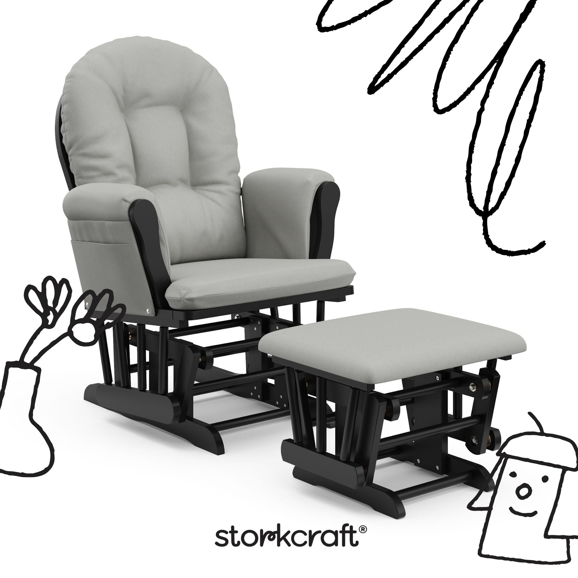 storkcraft hoop glider and ottoman black frame with light gray cushions with black doodles overlaid on image