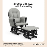 storkcraft hoop glider and ottoman black frame with light gray cushions quality crafted callout